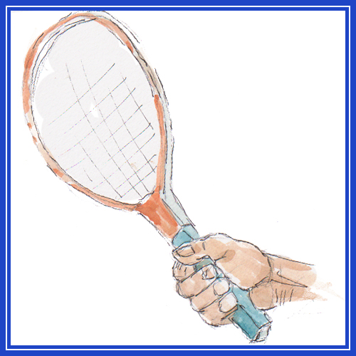 Illustration of man holding a tennis racket by Karen Little of Littleviews