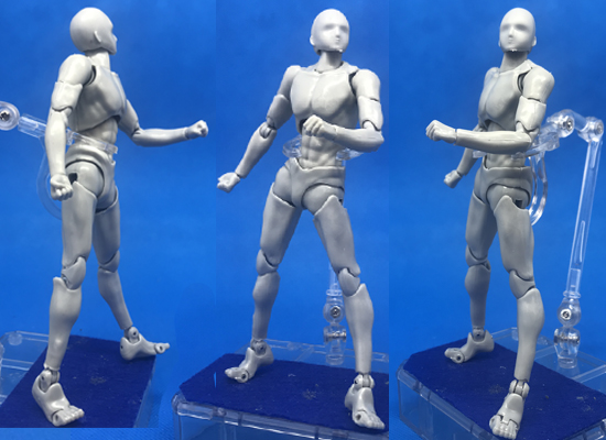 Three poses of a mannequin that references a volleyball serve 